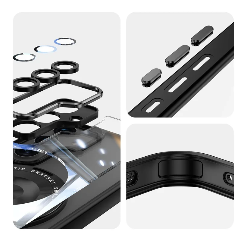 For Samsung Galaxy S24 Magnetic Case PC + TPU Phone Cover with Rotating Metal Kickstand, Lens Protector - Black