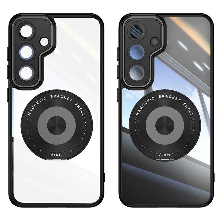 Pour Samsung Galaxy S25 Étui Magnétique PC + TPU avec Support Métallique Rotatif, Protection d'Objectif - Noir