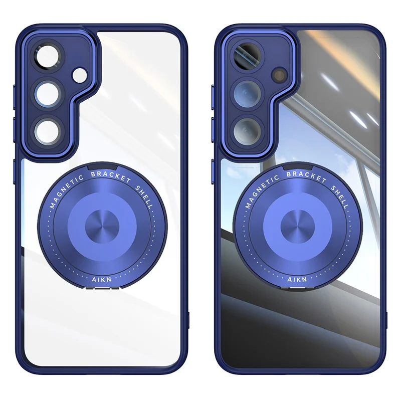For Samsung Galaxy S25+ Magnetic Case PC + TPU Phone Cover with Rotating Metal Kickstand, Lens Protector - Blue