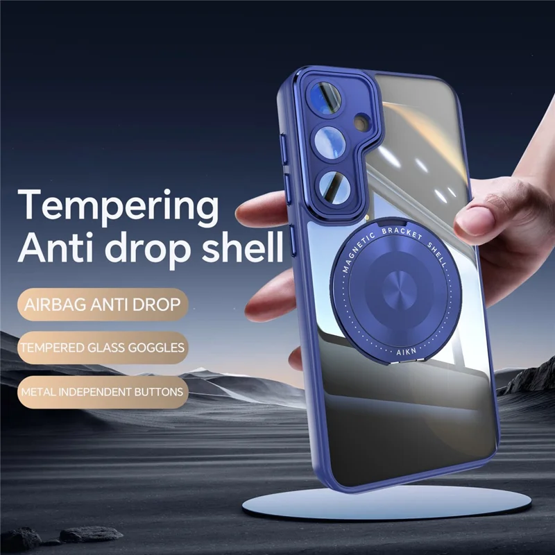 For Samsung Galaxy S25+ Magnetic Case PC + TPU Phone Cover with Rotating Metal Kickstand, Lens Protector - Blue