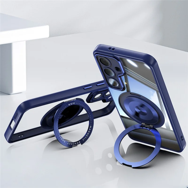 For Samsung Galaxy S25+ Magnetic Case PC + TPU Phone Cover with Rotating Metal Kickstand, Lens Protector - Blue