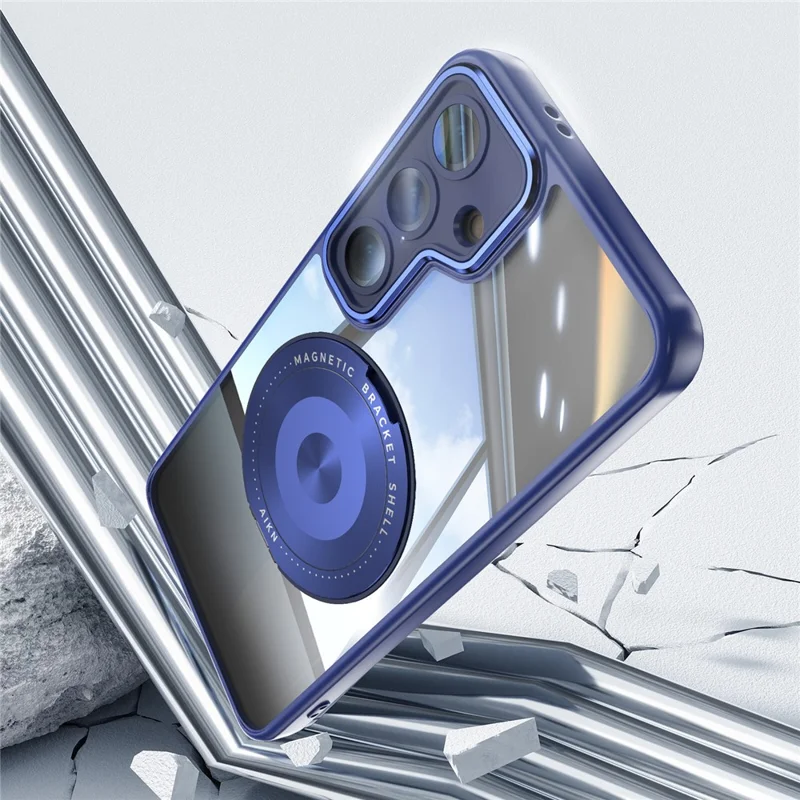 For Samsung Galaxy S25+ Magnetic Case PC + TPU Phone Cover with Rotating Metal Kickstand, Lens Protector - Blue