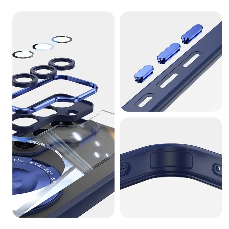 For Samsung Galaxy S25+ Magnetic Case PC + TPU Phone Cover with Rotating Metal Kickstand, Lens Protector - Blue