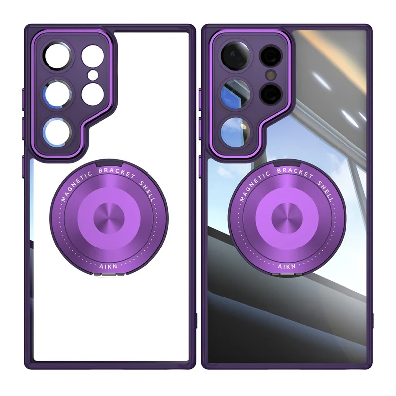 For Samsung Galaxy S25 Ultra Magnetic Case PC + TPU Phone Cover with Rotating Metal Kickstand, Lens Protector - Dark Purple
