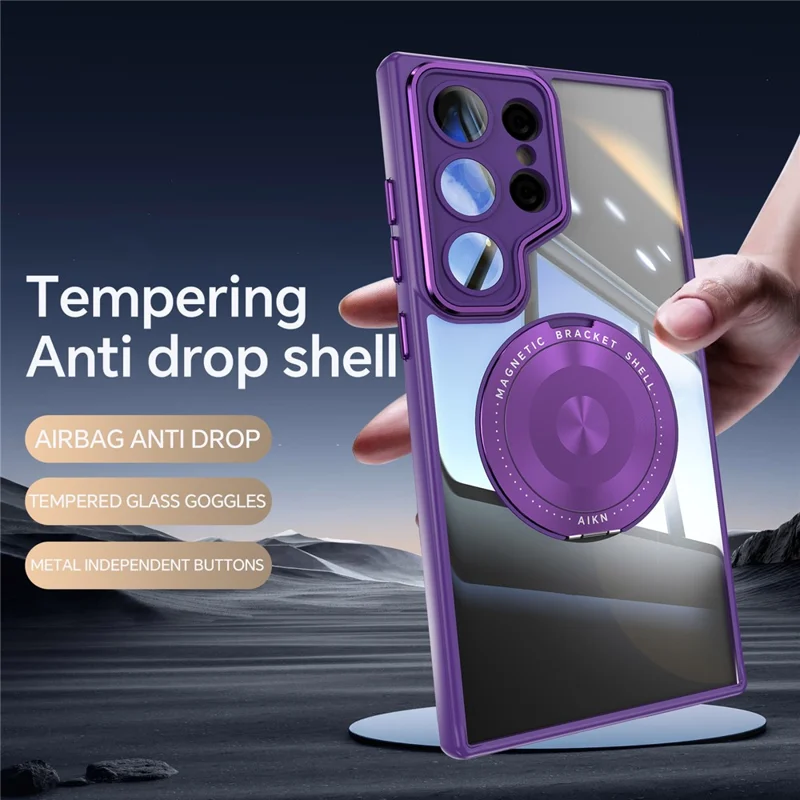 For Samsung Galaxy S25 Ultra Magnetic Case PC + TPU Phone Cover with Rotating Metal Kickstand, Lens Protector - Dark Purple