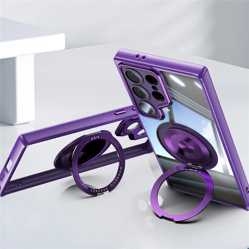 For Samsung Galaxy S25 Ultra Magnetic Case PC + TPU Phone Cover with Rotating Metal Kickstand, Lens Protector - Dark Purple
