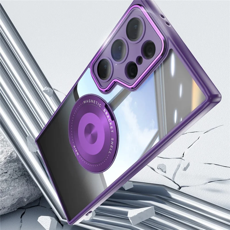 For Samsung Galaxy S25 Ultra Magnetic Case PC + TPU Phone Cover with Rotating Metal Kickstand, Lens Protector - Dark Purple