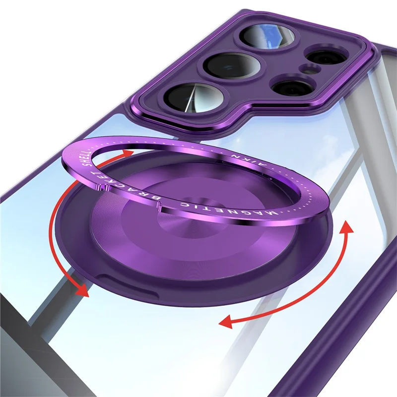For Samsung Galaxy S25 Ultra Magnetic Case PC + TPU Phone Cover with Rotating Metal Kickstand, Lens Protector - Dark Purple