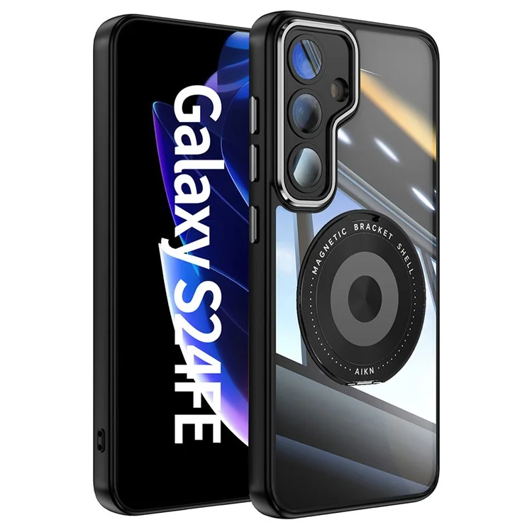 For Samsung Galaxy S24 FE Magnetic Case PC + TPU Phone Cover with Rotating Metal Kickstand, Lens Protector - Black