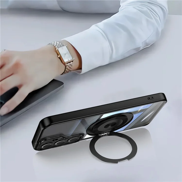 For Samsung Galaxy S24 FE Magnetic Case PC + TPU Phone Cover with Rotating Metal Kickstand, Lens Protector - Black