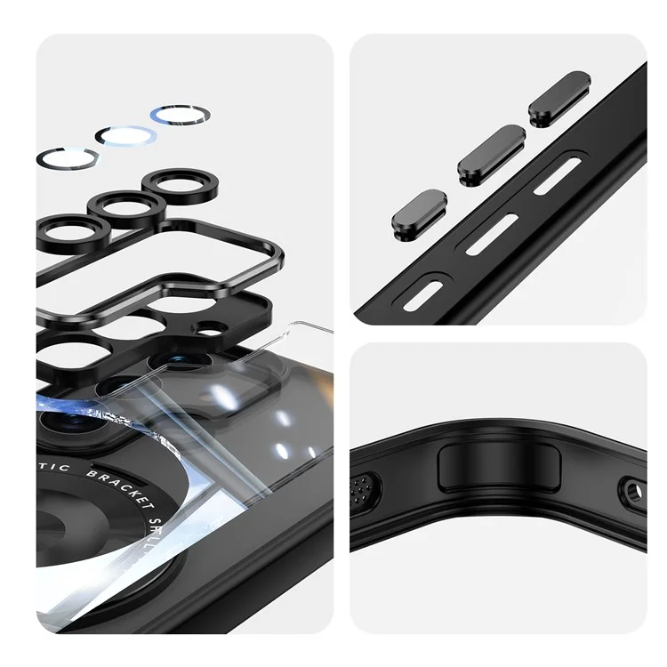 For Samsung Galaxy S24 FE Magnetic Case PC + TPU Phone Cover with Rotating Metal Kickstand, Lens Protector - Black