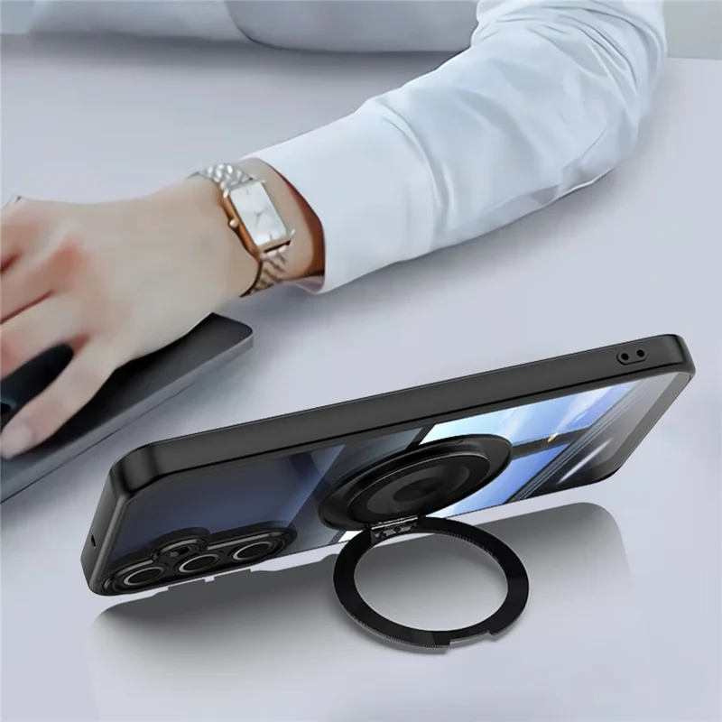 For Samsung Galaxy A16 4G / 5G Magnetic Case PC + TPU Phone Cover with Rotating Metal Kickstand, Lens Protector - Black