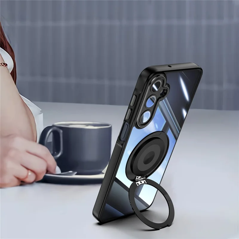 For Samsung Galaxy A16 4G / 5G Magnetic Case PC + TPU Phone Cover with Rotating Metal Kickstand, Lens Protector - Black