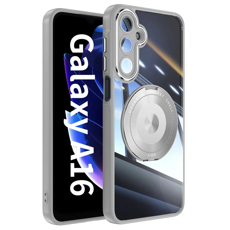 For Samsung Galaxy A16 4G / 5G Magnetic Case PC + TPU Phone Cover with Rotating Metal Kickstand, Lens Protector - Titanium Grey