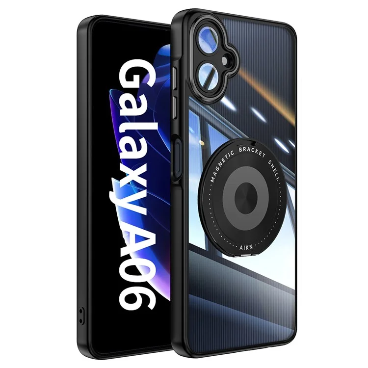 Para Samsung Galaxy A06 4G Capa Magnética Caso PC + TPU Capa de Telefone com Suporte Metálico Rotativo, Protetor de Lente - Preto