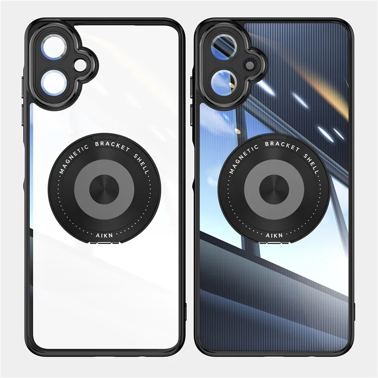 Para Samsung Galaxy A06 4G Capa Magnética Caso PC + TPU Capa de Telefone com Suporte Metálico Rotativo, Protetor de Lente - Preto