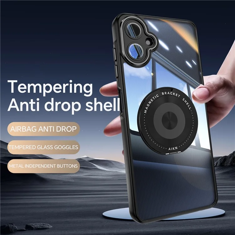 Para Samsung Galaxy A06 4G Capa Magnética Caso PC + TPU Capa de Telefone com Suporte Metálico Rotativo, Protetor de Lente - Preto