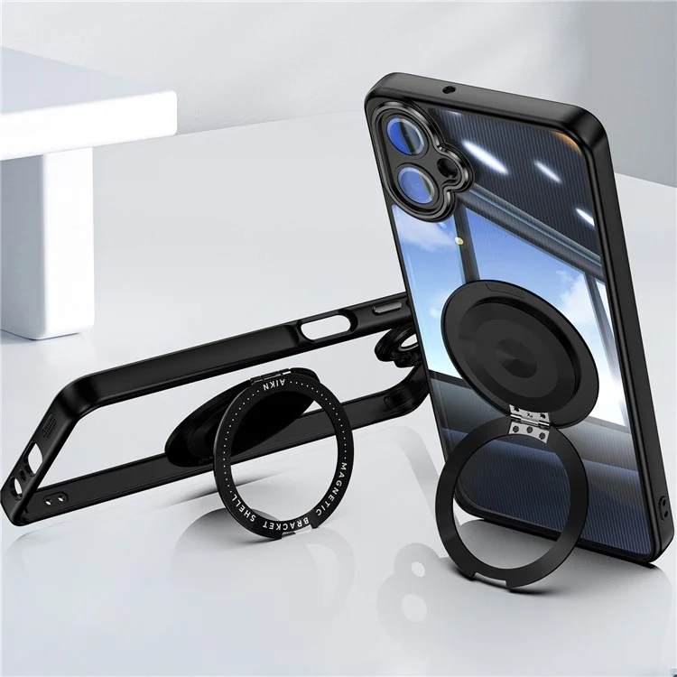 Para Samsung Galaxy A06 4G Capa Magnética Caso PC + TPU Capa de Telefone com Suporte Metálico Rotativo, Protetor de Lente - Preto