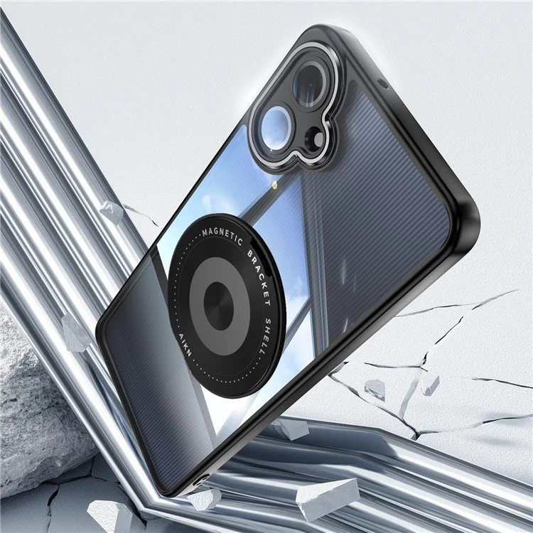 Para Samsung Galaxy A06 4G Capa Magnética Caso PC + TPU Capa de Telefone com Suporte Metálico Rotativo, Protetor de Lente - Preto