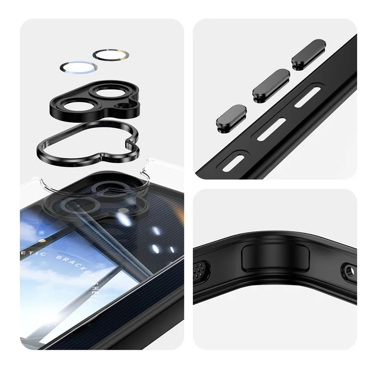 Para Samsung Galaxy A06 4G Capa Magnética Caso PC + TPU Capa de Telefone com Suporte Metálico Rotativo, Protetor de Lente - Preto