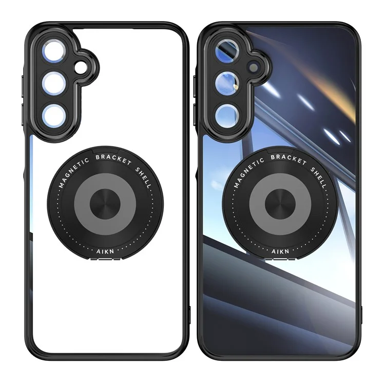 For Samsung Galaxy A26 5G Magnetic Case PC + TPU Phone Cover with Rotating Metal Kickstand, Lens Protector - Black
