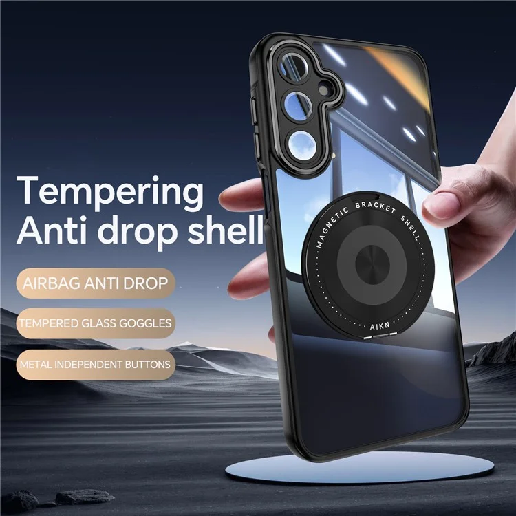 For Samsung Galaxy A26 5G Magnetic Case PC + TPU Phone Cover with Rotating Metal Kickstand, Lens Protector - Black