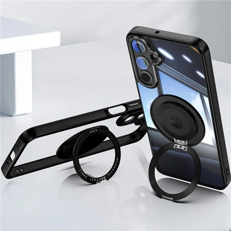 For Samsung Galaxy A26 5G Magnetic Case PC + TPU Phone Cover with Rotating Metal Kickstand, Lens Protector - Black
