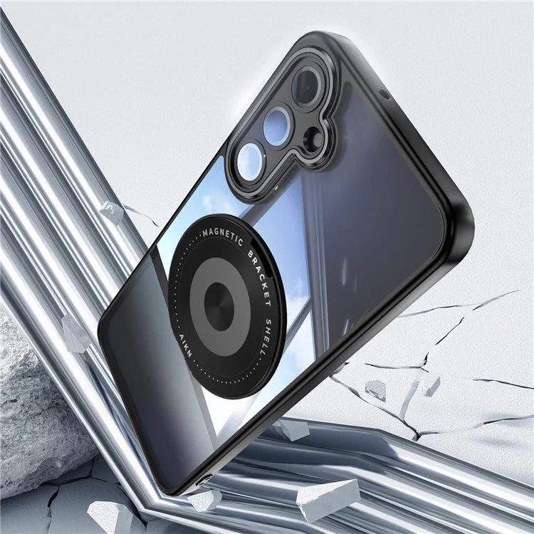 For Samsung Galaxy A26 5G Magnetic Case PC + TPU Phone Cover with Rotating Metal Kickstand, Lens Protector - Black