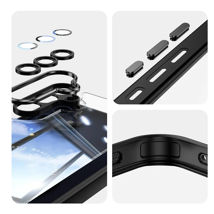 For Samsung Galaxy A26 5G Magnetic Case PC + TPU Phone Cover with Rotating Metal Kickstand, Lens Protector - Black