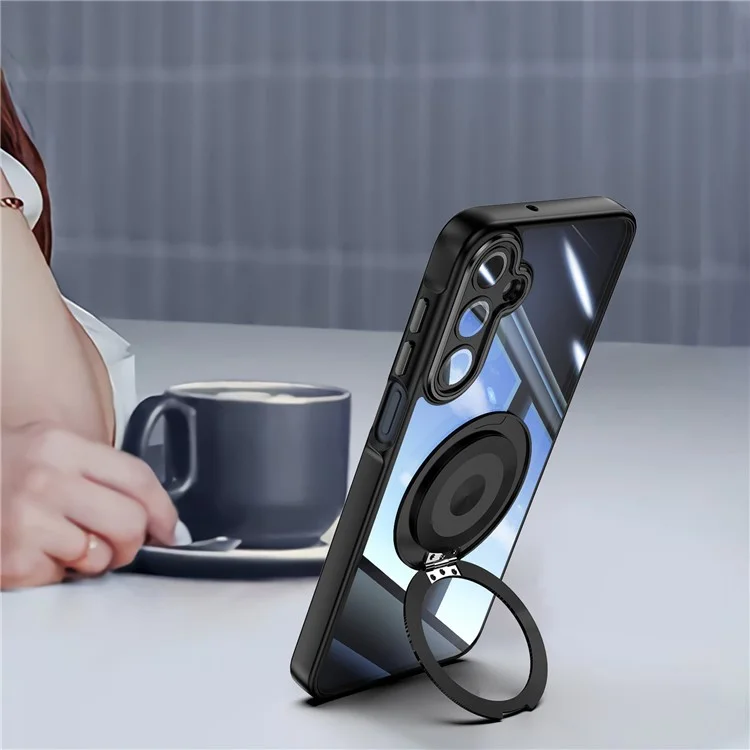 For Samsung Galaxy A26 5G Magnetic Case PC + TPU Phone Cover with Rotating Metal Kickstand, Lens Protector - Black