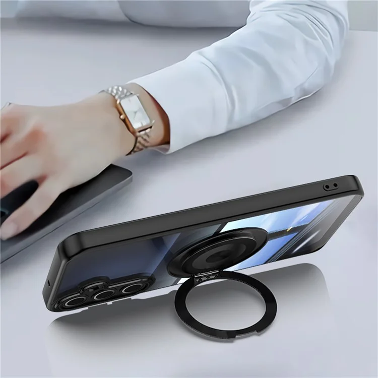 For Samsung Galaxy A26 5G Magnetic Case PC + TPU Phone Cover with Rotating Metal Kickstand, Lens Protector - Black