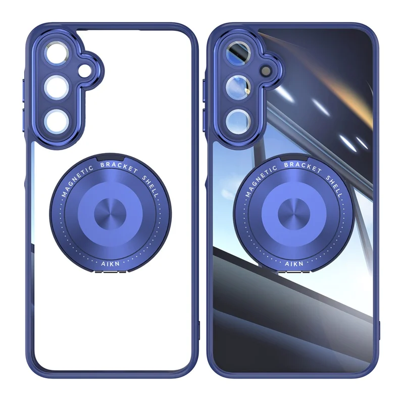 For Samsung Galaxy A26 5G Magnetic Case PC + TPU Phone Cover with Rotating Metal Kickstand, Lens Protector - Blue