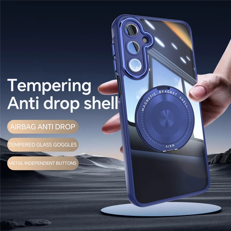 For Samsung Galaxy A26 5G Magnetic Case PC + TPU Phone Cover with Rotating Metal Kickstand, Lens Protector - Blue