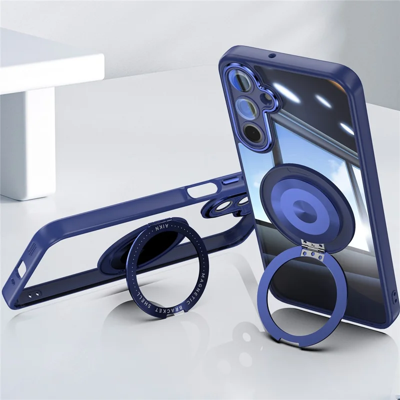 For Samsung Galaxy A26 5G Magnetic Case PC + TPU Phone Cover with Rotating Metal Kickstand, Lens Protector - Blue