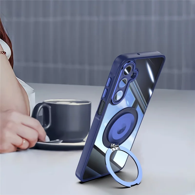 For Samsung Galaxy A26 5G Magnetic Case PC + TPU Phone Cover with Rotating Metal Kickstand, Lens Protector - Blue