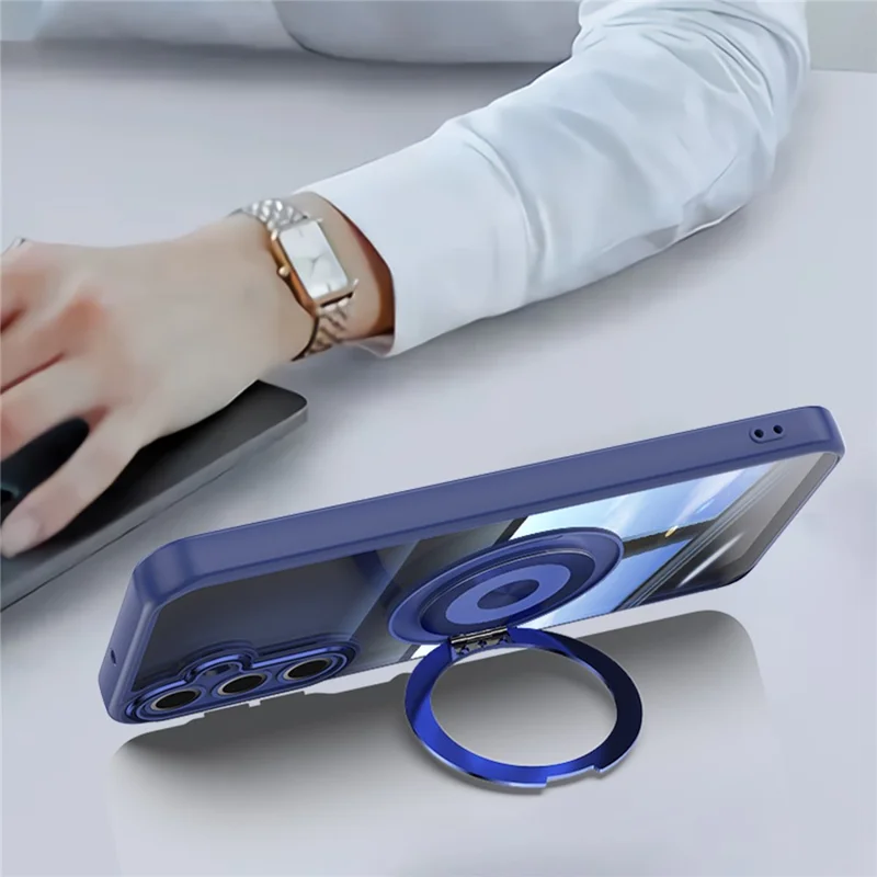 For Samsung Galaxy A26 5G Magnetic Case PC + TPU Phone Cover with Rotating Metal Kickstand, Lens Protector - Blue