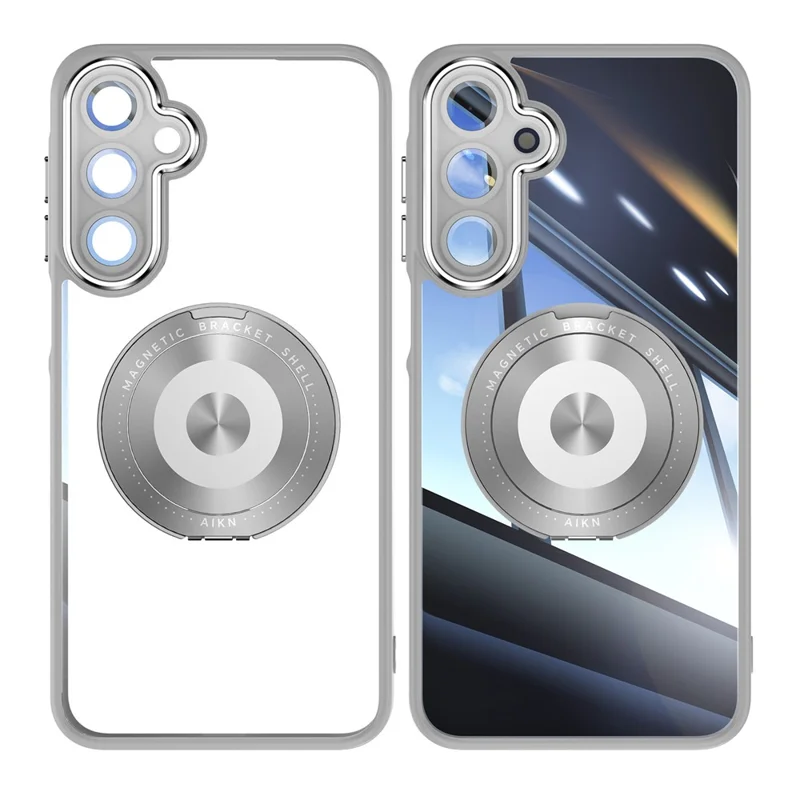 For Samsung Galaxy A26 5G Magnetic Case PC + TPU Phone Cover with Rotating Metal Kickstand, Lens Protector - Titanium Grey