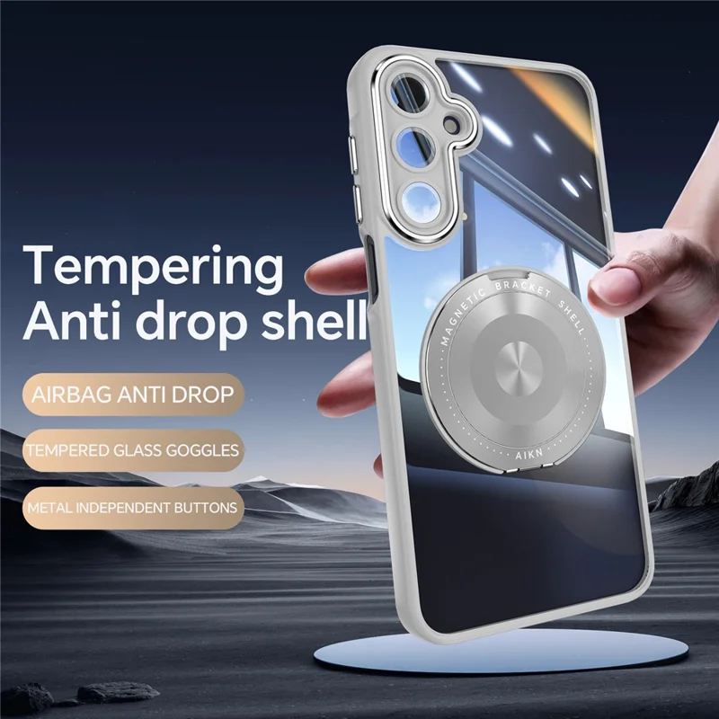 For Samsung Galaxy A26 5G Magnetic Case PC + TPU Phone Cover with Rotating Metal Kickstand, Lens Protector - Titanium Grey