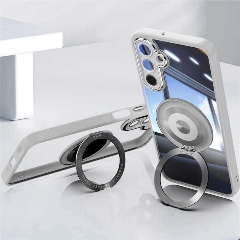 For Samsung Galaxy A26 5G Magnetic Case PC + TPU Phone Cover with Rotating Metal Kickstand, Lens Protector - Titanium Grey