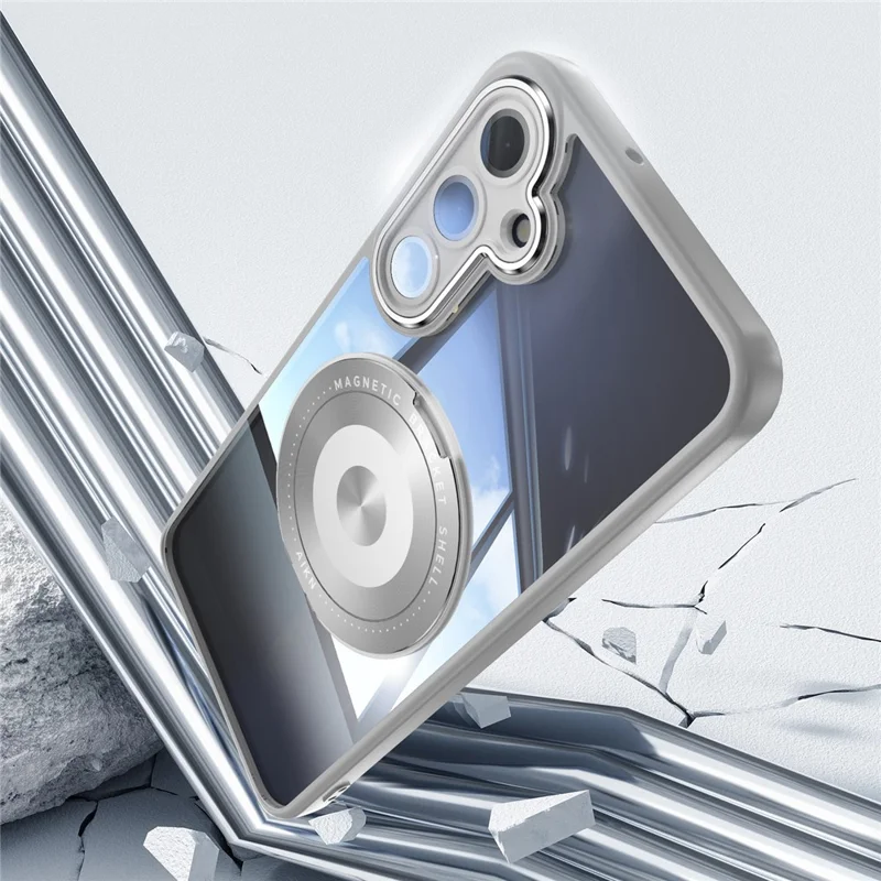 For Samsung Galaxy A26 5G Magnetic Case PC + TPU Phone Cover with Rotating Metal Kickstand, Lens Protector - Titanium Grey