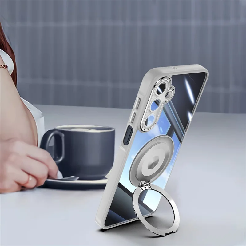 For Samsung Galaxy A26 5G Magnetic Case PC + TPU Phone Cover with Rotating Metal Kickstand, Lens Protector - Titanium Grey