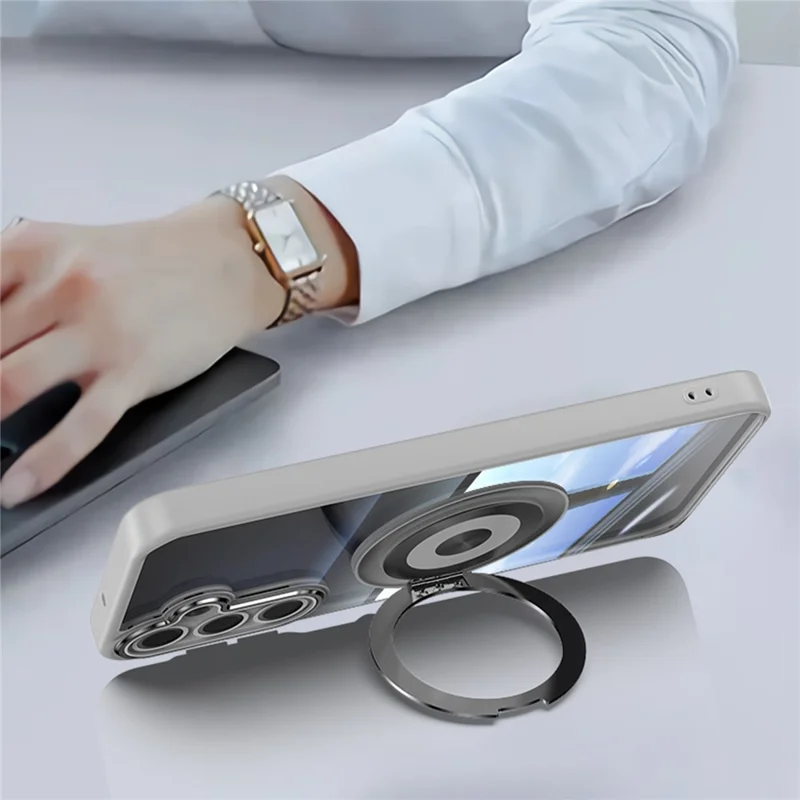 For Samsung Galaxy A26 5G Magnetic Case PC + TPU Phone Cover with Rotating Metal Kickstand, Lens Protector - Titanium Grey