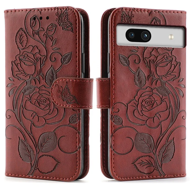 For Google Pixel 7a Case Wallet Stand Imprinted Rose Butterfly PU Leather Phone Cover - Brown