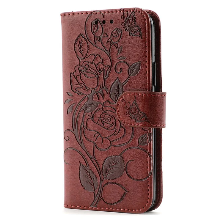 For Google Pixel 7a Case Wallet Stand Imprinted Rose Butterfly PU Leather Phone Cover - Brown