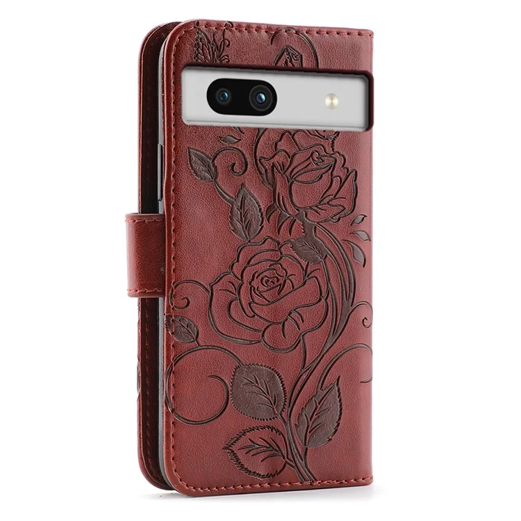 For Google Pixel 7a Case Wallet Stand Imprinted Rose Butterfly PU Leather Phone Cover - Brown