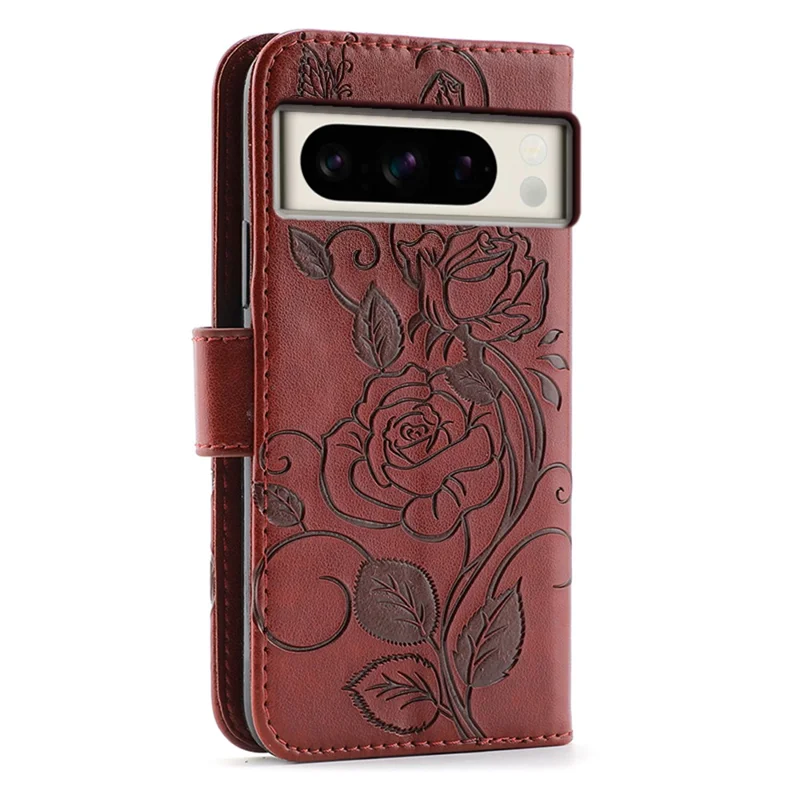 For Google Pixel 8 Pro Case Wallet Stand Imprinted Rose Butterfly PU Leather Phone Cover - Brown