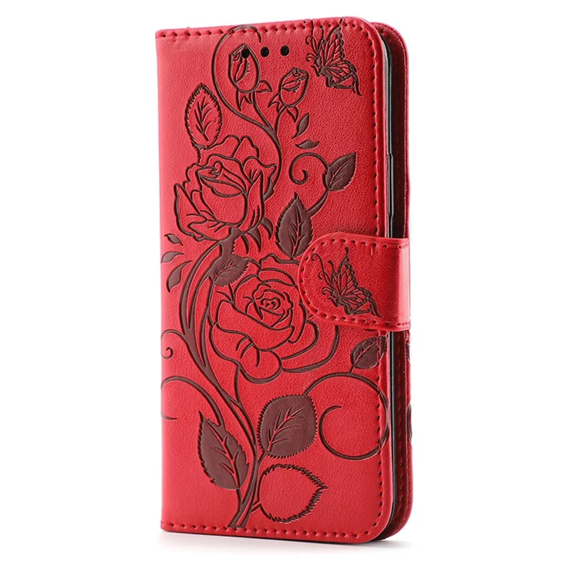 For Google Pixel 8 Pro Case Wallet Stand Imprinted Rose Butterfly PU Leather Phone Cover - Red