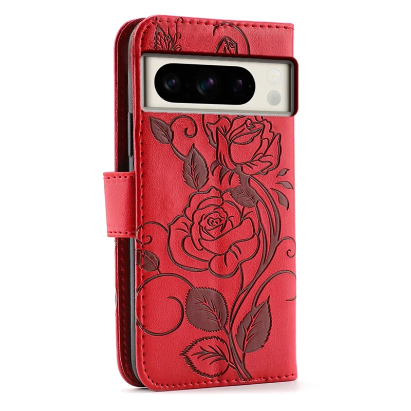 For Google Pixel 8 Pro Case Wallet Stand Imprinted Rose Butterfly PU Leather Phone Cover - Red