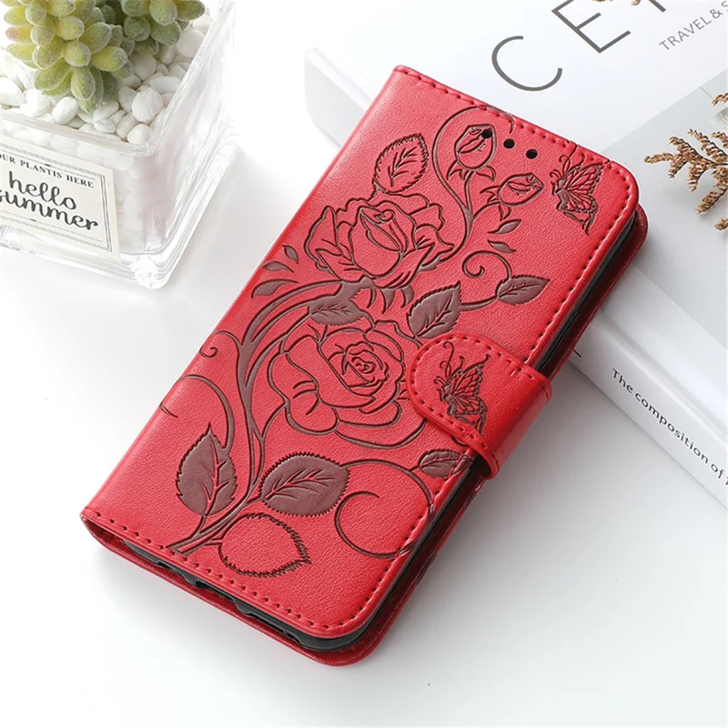 For Google Pixel 8 Pro Case Wallet Stand Imprinted Rose Butterfly PU Leather Phone Cover - Red