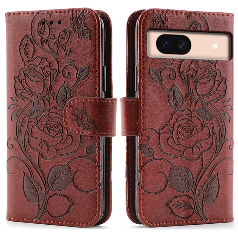 For Google Pixel 8a Case Wallet Stand Imprinted Rose Butterfly PU Leather Phone Cover - Brown